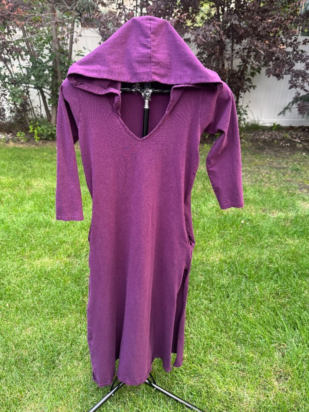 🔮 Cozy Plum Purple Hooded V-Neck Midi Dress w/ Pockets & Side Slits